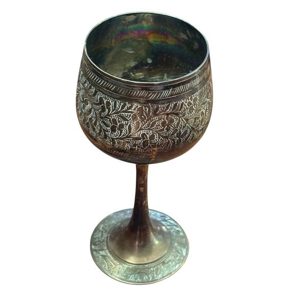 Vintage Engraved Goblet Chalice Floral Etched Metal Cup Decorative Brass (?) - Picture 3 of 7